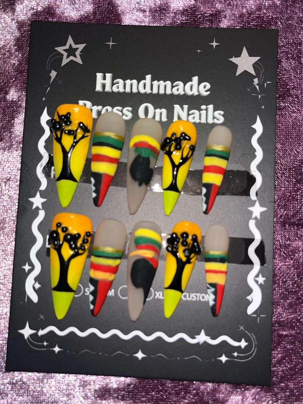 Handmade Press-On Nails in Yellow, Red & Green